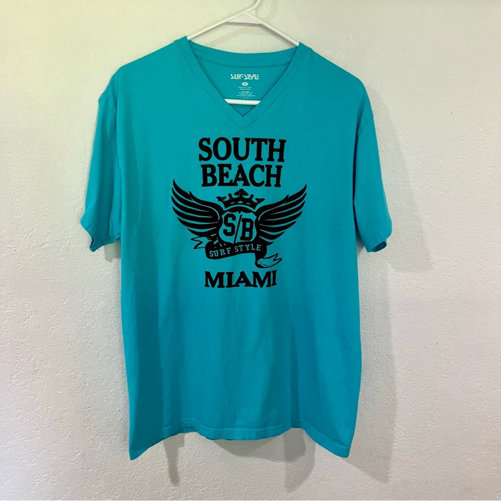 Surf Style Large adult Vneck Tshirt Miami Beach bright teal